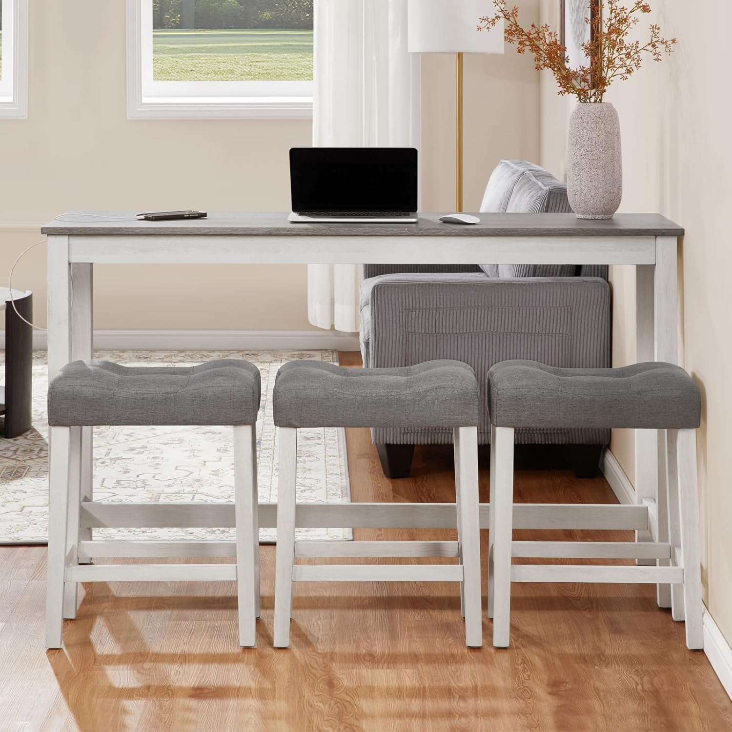 LKTART Bar Table and Chairs Set, 4 Piece Counter Height Bar Table Set with Power Outlet and 3 Upholstered Stools, Industrial Breakfast Table for Living Room, White & Grey