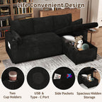3 in 1 Pull Out Couch, Corduroy L Shaped Couch Sleeper Sofa Bed, Black | Reversible Storage Chaise, Charging Station, Cup Holder, Sleeper Sofa, for Living Room Apartment