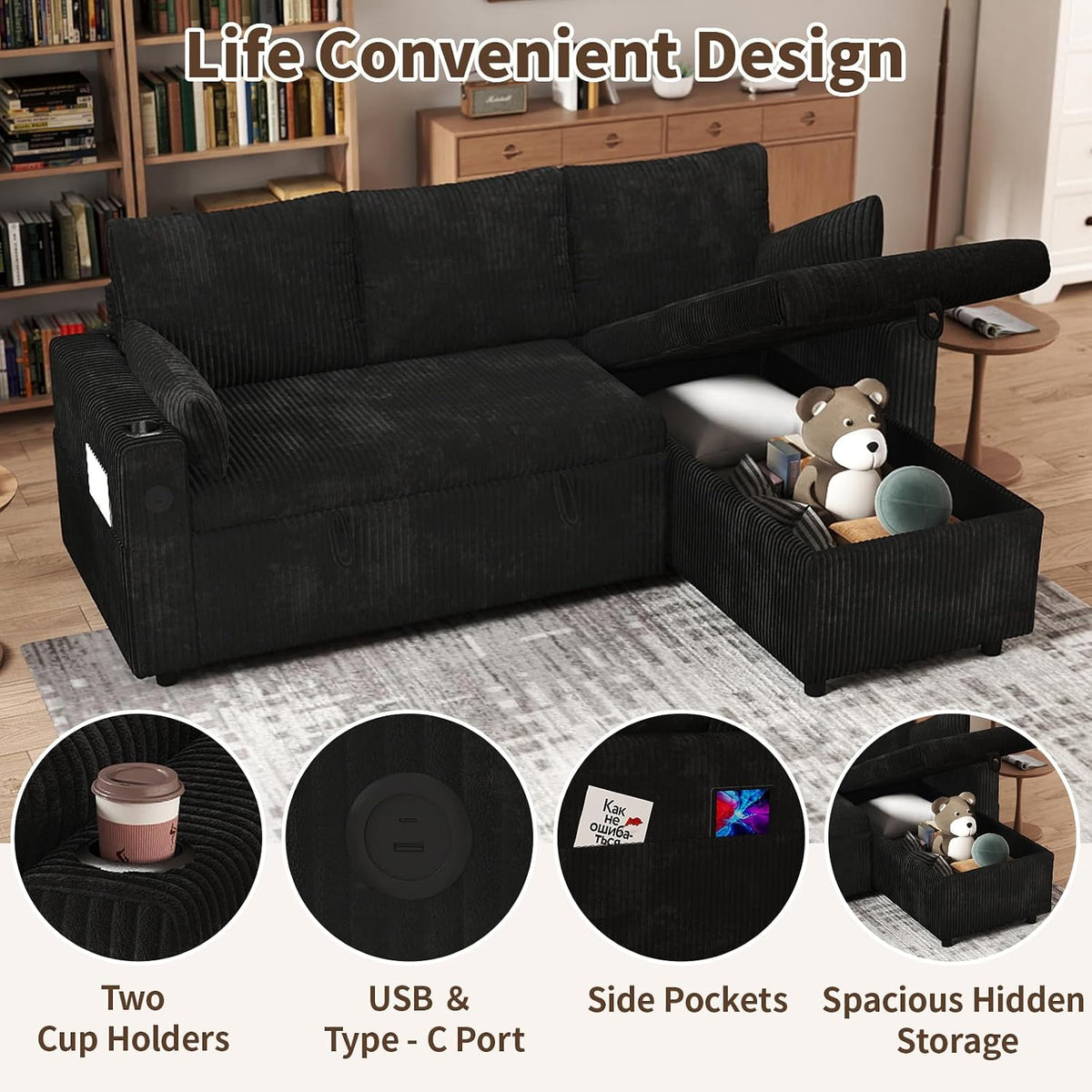 3 in 1 Pull Out Couch, Corduroy L Shaped Couch Sleeper Sofa Bed, Black | Reversible Storage Chaise, Charging Station, Cup Holder, Sleeper Sofa, for Living Room Apartment