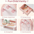 ROBOTIME Pink Kids Vanity Set with Butterfly Mirror Stool Age 3+, 39in×27in | Dress-up and makeup pretend play, butterfly mirror with stool and 2 drawers, builds confidence, birthday gift for age 3+