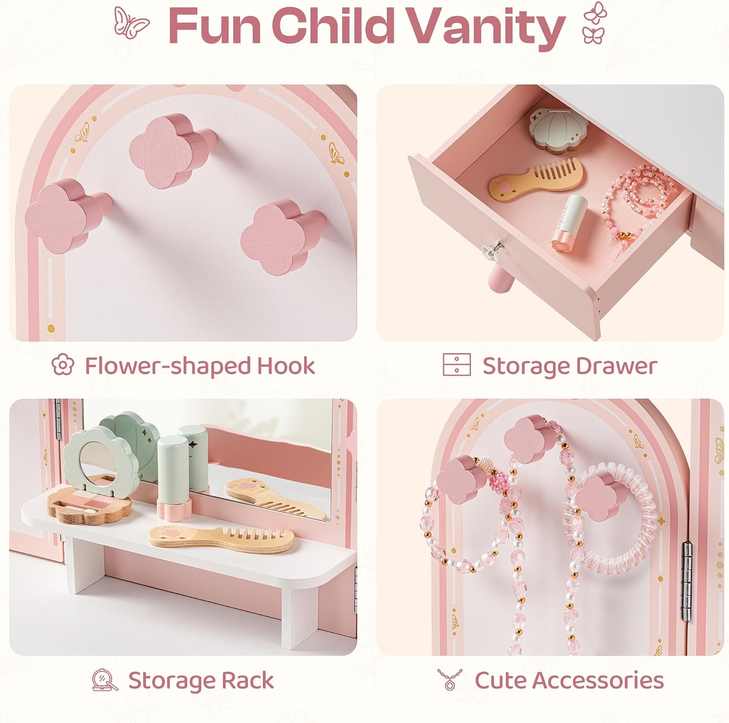 ROBOTIME Pink Kids Vanity Set with Butterfly Mirror Stool Age 3+, 39in×27in | Dress-up and makeup pretend play, butterfly mirror with stool and 2 drawers, builds confidence, birthday gift for age 3+
