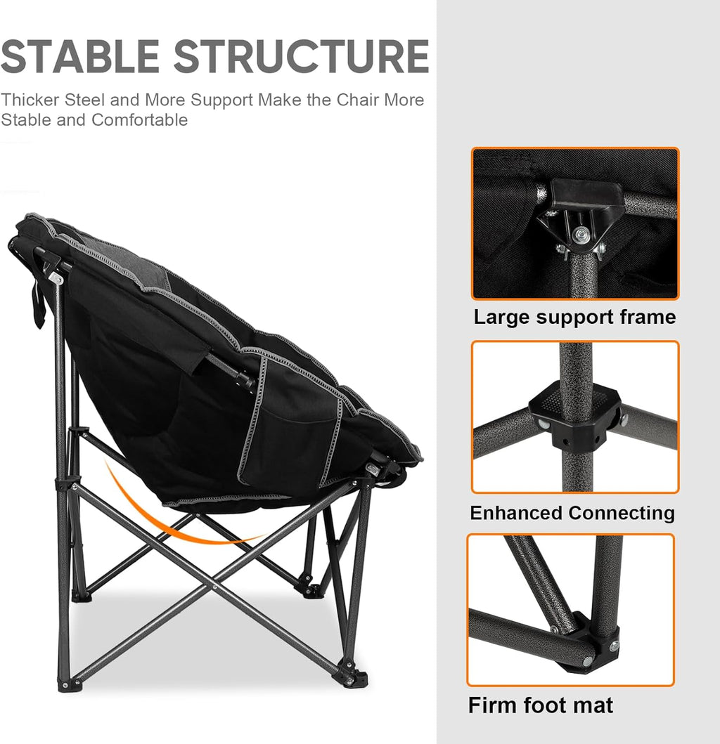 Northroad XXL Camping Moon Chair,Oversized Round Chair,Folding Padded Saucer w/Side Pocket,500lbs Capacity for Outdoor Hiking Fishing Picnic Lawn,Black&Grey