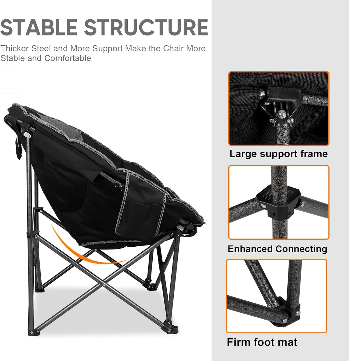 Northroad XXL Camping Moon Chair,Oversized Round Chair,Folding Padded Saucer w/Side Pocket,500lbs Capacity for Outdoor Hiking Fishing Picnic Lawn,Black&Grey