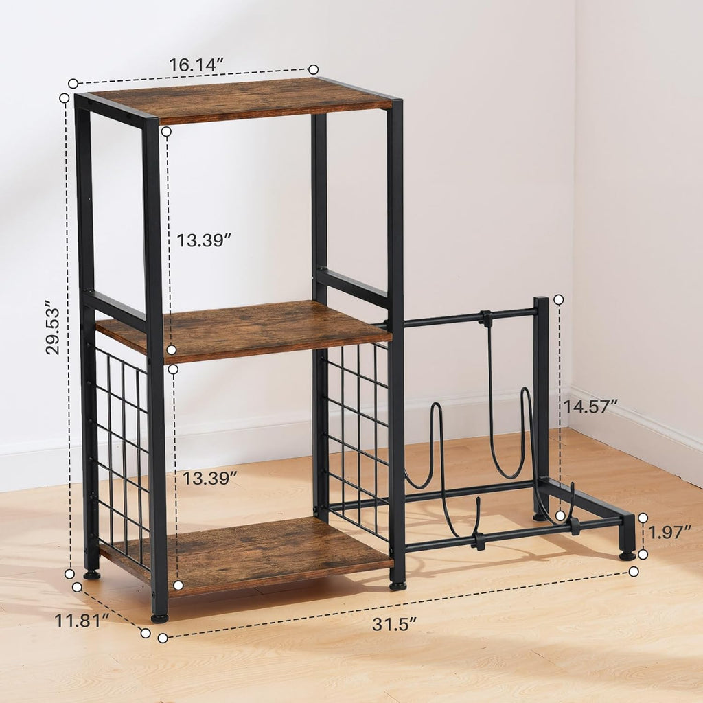 FurnitureR Multifunctional End Table with Guitar Stand, Industrial Style 3-Tier Music Equipment Rack with Wooden Board & Metal Frame, Guitar Stand with Storage Shelves, Holds 2 Guitars, Brown