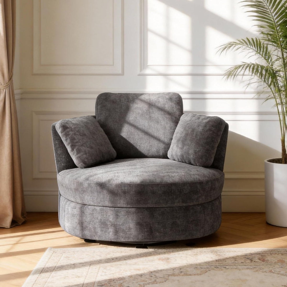 Aoiy & Wifon 40.55'' W Swivel Accent Chair, Round Arm Barrel Chair with 3 Pillows for Living Room/Bedroom/Apartment, Chenille, Gray