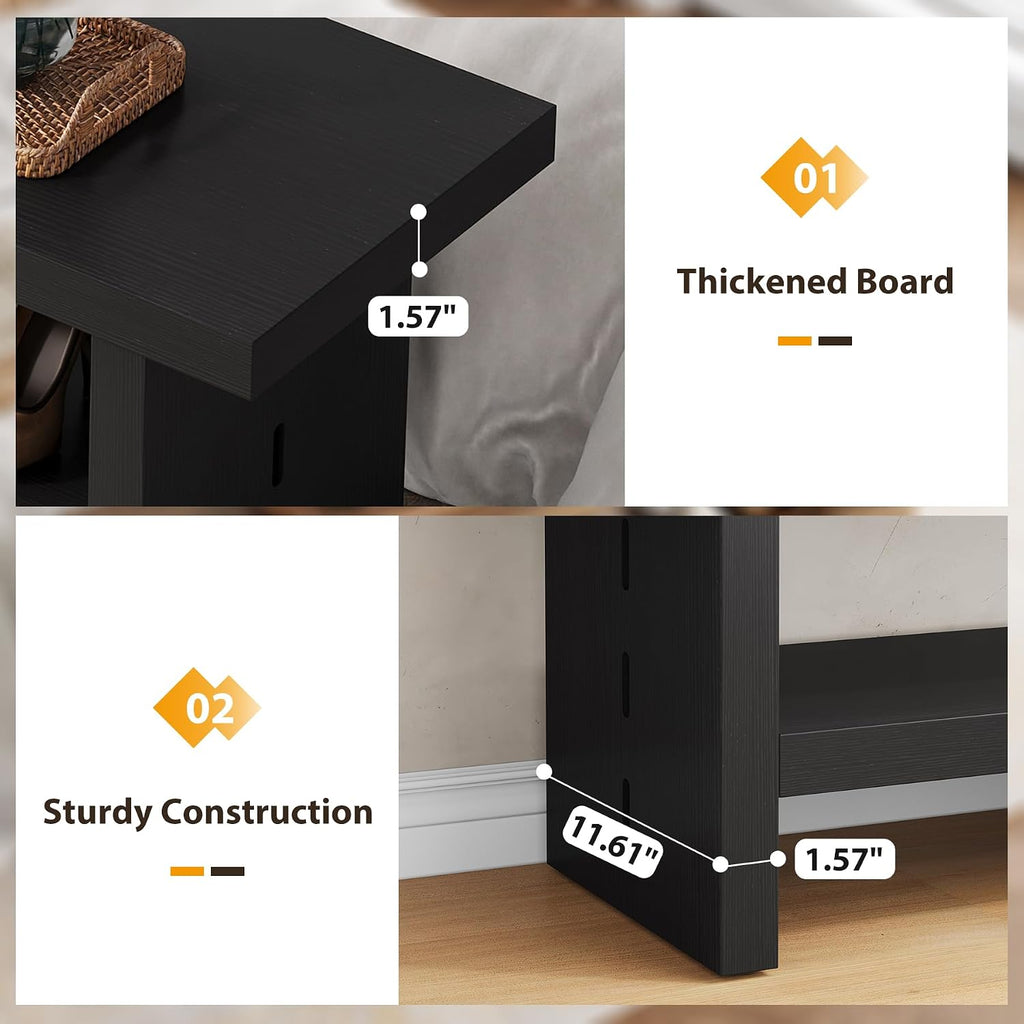 2 Tier Entryway Bench, 47.24" Shoe Bench, Rustic Shoe Rack, Wooden Storage Bench for Entryway Hallway Living Room Bedroom, Easy Assembly, Black