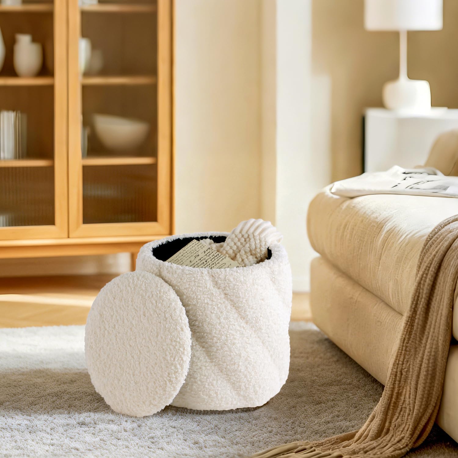 Get Set Style Round Ottoman with Soft Padded Seat, Storage Vanity Stool for Makeup, Upholstered Footrest Stool Ottoman Foot Stool for Living Room, Bedroom