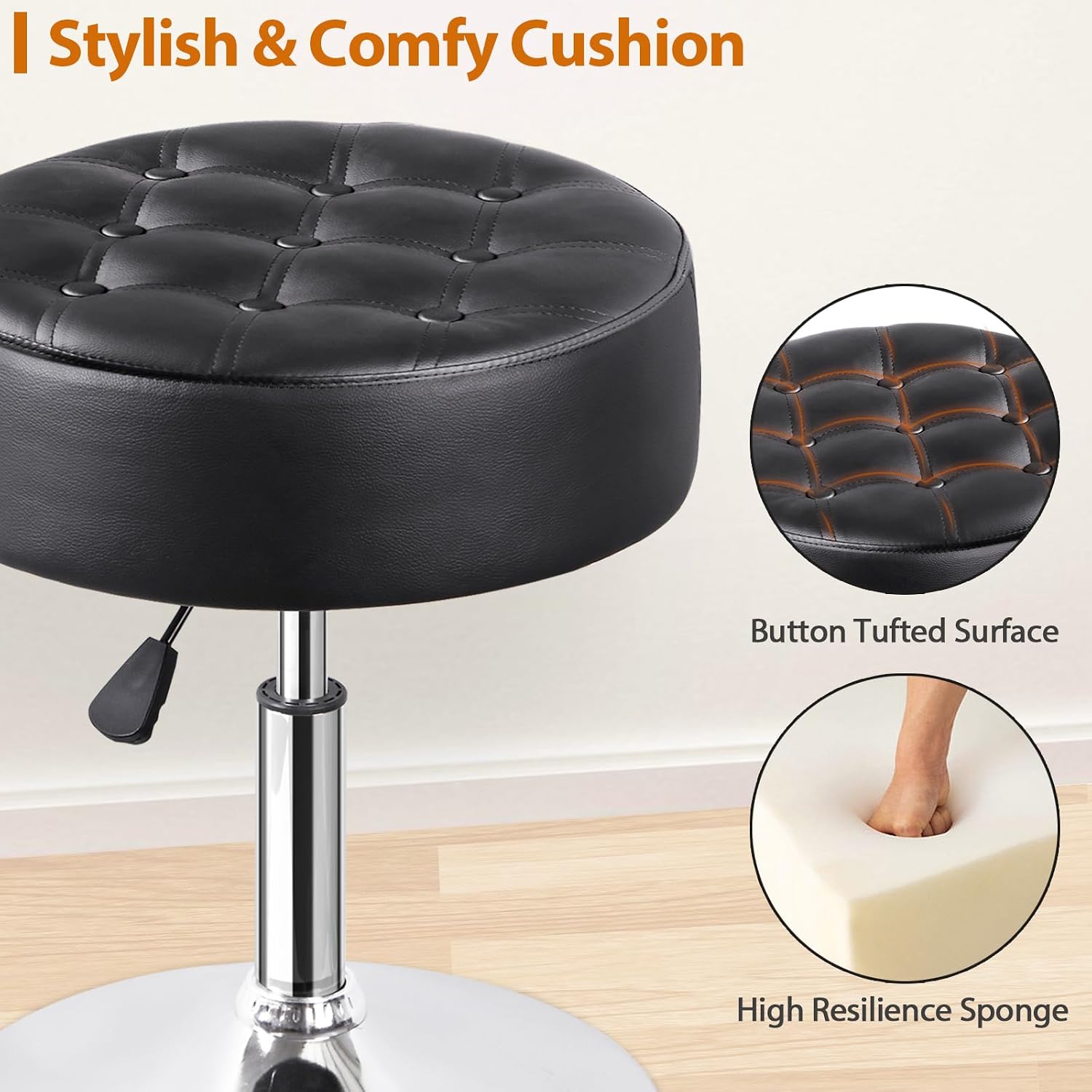 Nova Microdermabrasion Vanity Chair Stool Modern Tufted Round Ottoman Stool Swivel Makeup Chair for Bathroom Bedroom Living Room (Black)