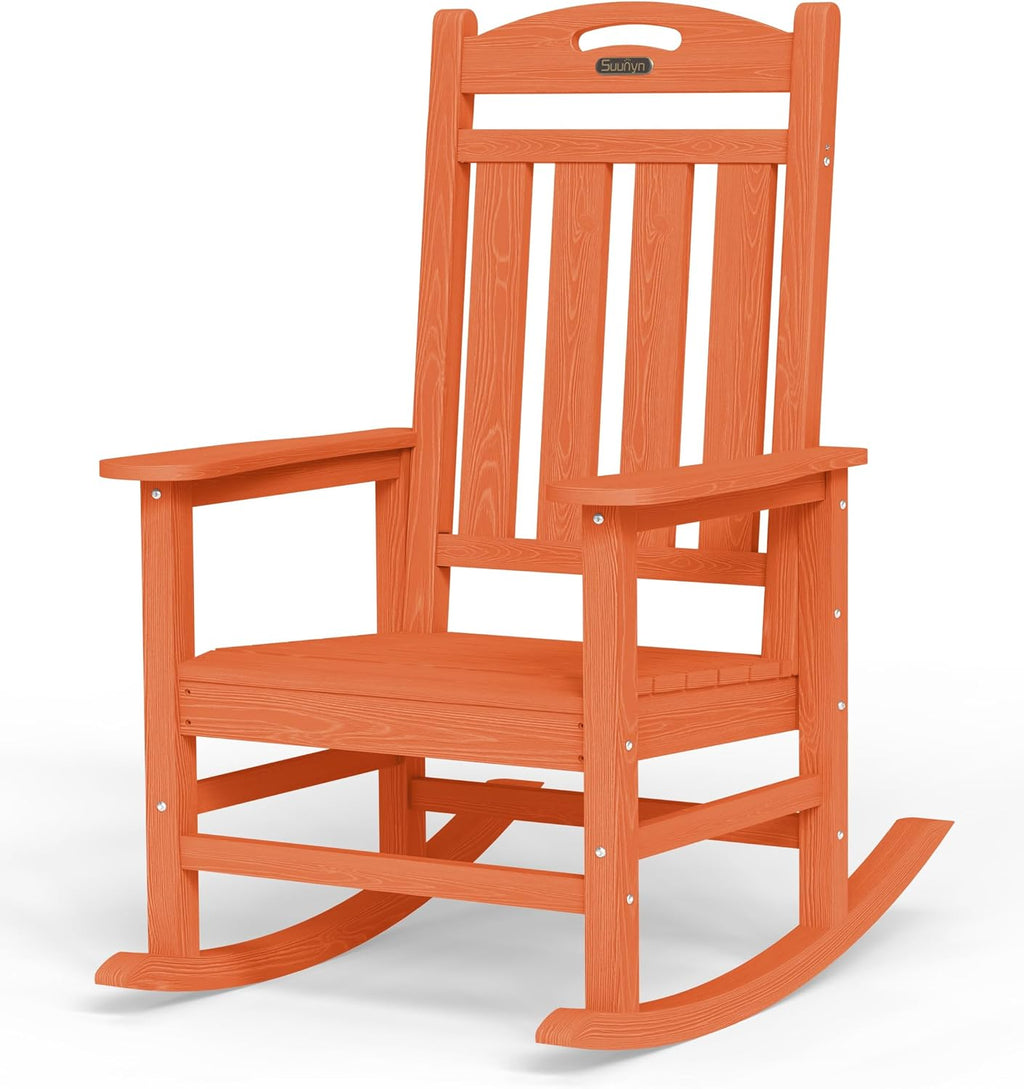 Oversized Outdoor Rocking Chair, High Back Porch Rocker Chair, HDPE All Weather Resistant Rocking Chairs for Patio, 380lbs Weight Capacity, Orange