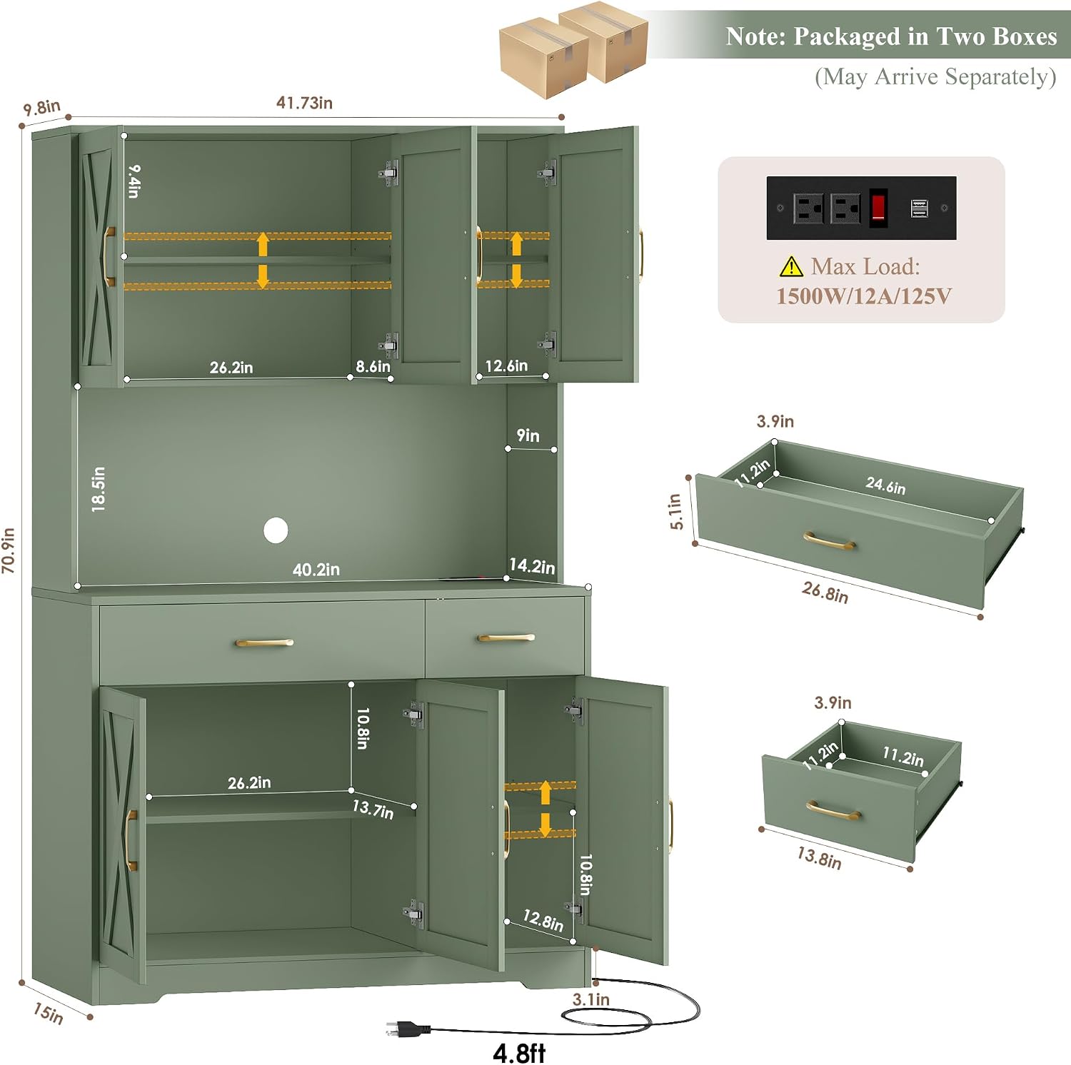 HOSTACK 71"H Kitchen Pantry Storage Cabinet, Farmhouse Hutch Cabinet, Green | Space-Saving Pantry Cabinet with Charging Station & 2 Large Drawers & Adjustable Shelves, Tall Kitchen Hutch, Dining Room