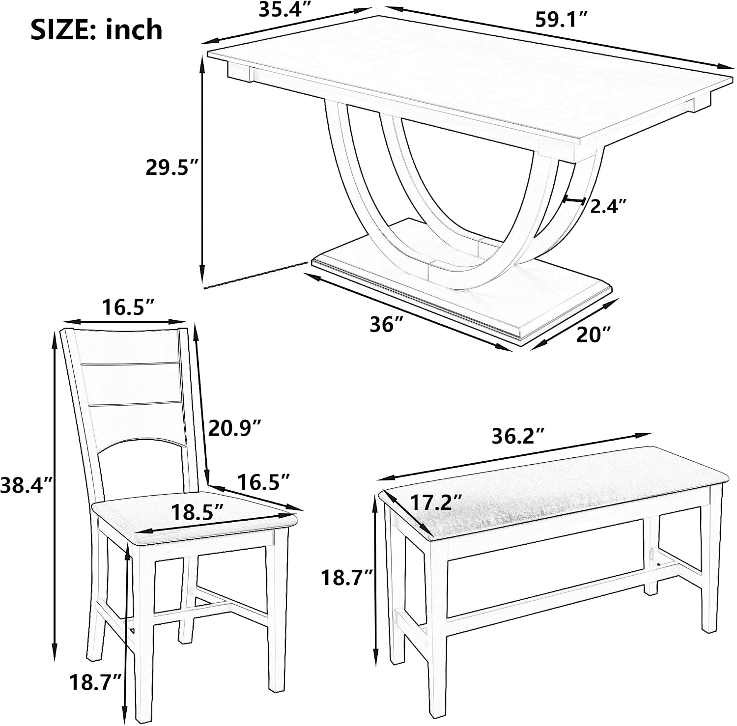 LUMISOL 6 Piece Dining Table Set for 6, Farmhouse Kitchen Dining Room Table Set with Recantgle Table and Upholstered Bench and Chairs, Light Natural