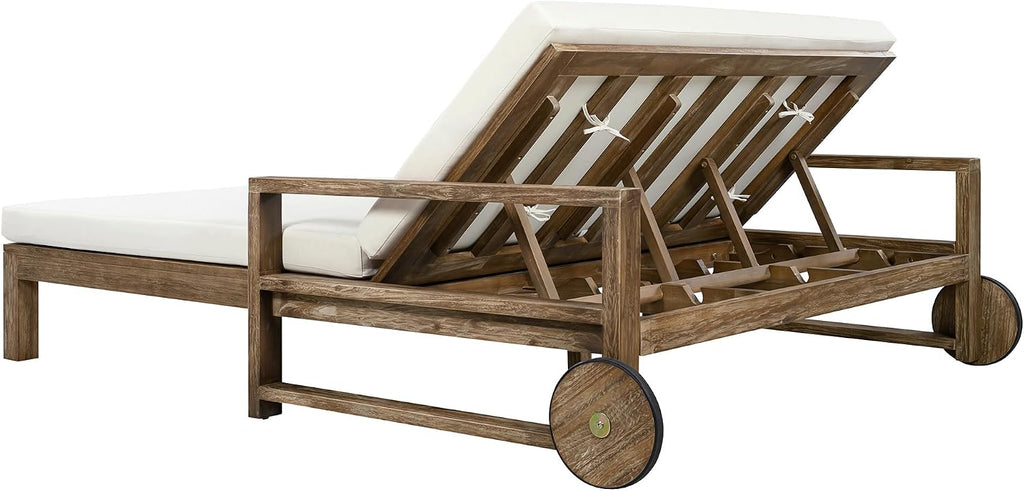 Merax Acacia Wood Outdoor Daybed Sofa, Farmhouse Patio Sun Lounger with Adjustable Backrest, High-Density Cushions & Removable Wheels, Weather Resistant for Garden, Poolside, Backyard, Beige