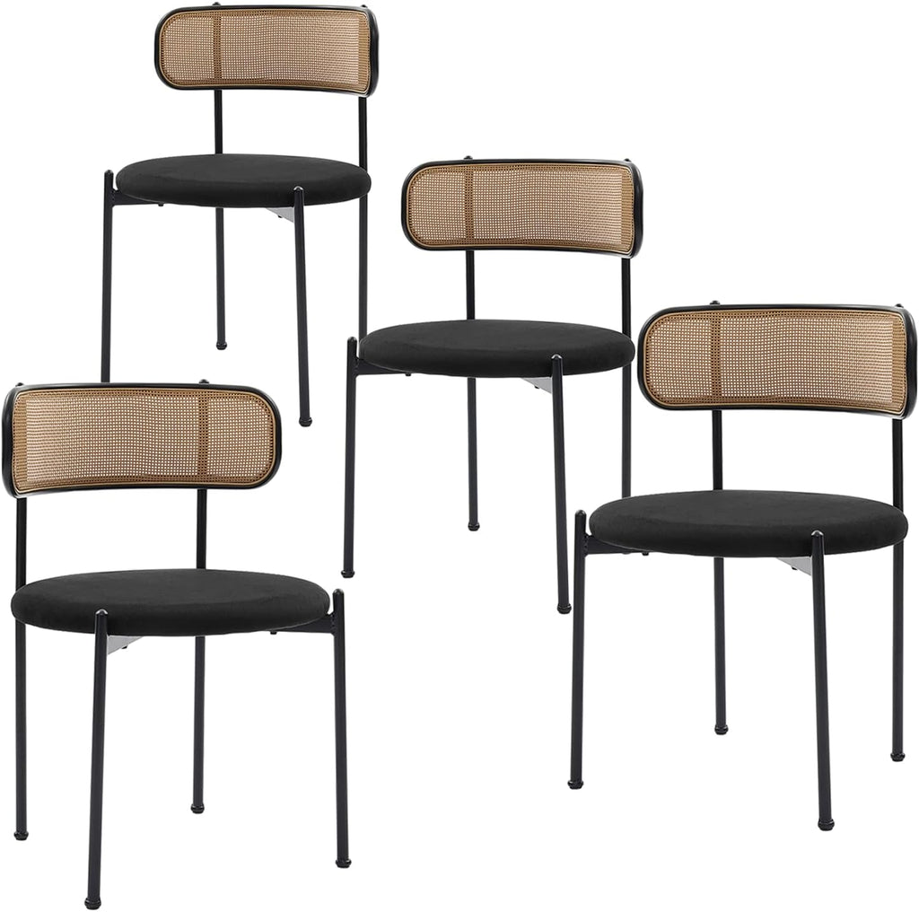 Rattan Dining Chairs Set of 4, Mid-Century Modern Chair with Boucle, Kitchen Dining Room Chairs for Living Room with Metal Legs, Round Upholstered Sherpa
