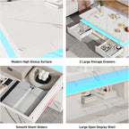 47.2 Inch Modern High Glossy LED Coffee Table with 2 Sliding Drawers, Double-Layer Center Tables with LED Lights for Livings Room Furniture, White