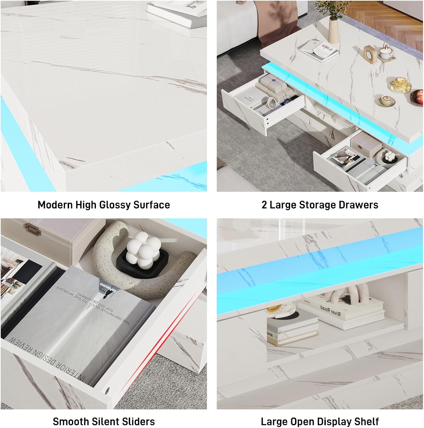 47.2 Inch Modern High Glossy LED Coffee Table with 2 Sliding Drawers, Double-Layer Center Tables with LED Lights for Livings Room Furniture, White