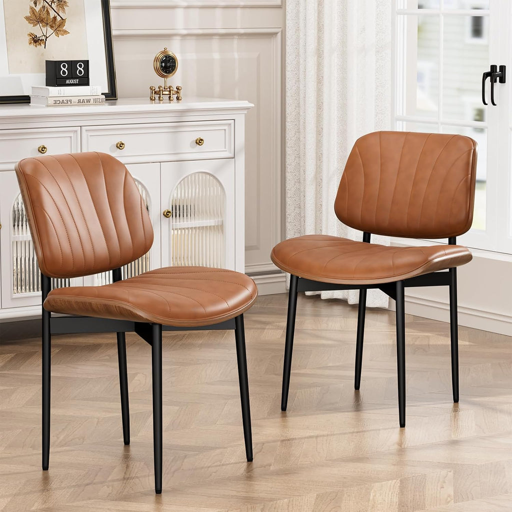 YaFiti Dining Chairs Set of 2, Mid Century Modern PU Leather Kitchen Chairs | Ergonomic Walnut Backrest, Upholstered Waterproof PU Leather Seat, Stable Metal Legs, Adjustable Footpads, Light Tan Scallop