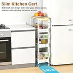 7.8 Inch Ultra-Slim 4-Tier Rolling Storage Cart with Adjustable Shelves - Lockable Wheels & Wooden Top for Narrow Spaces Between Washer/Dryer, Bathroom, Kitchen Organization (White)