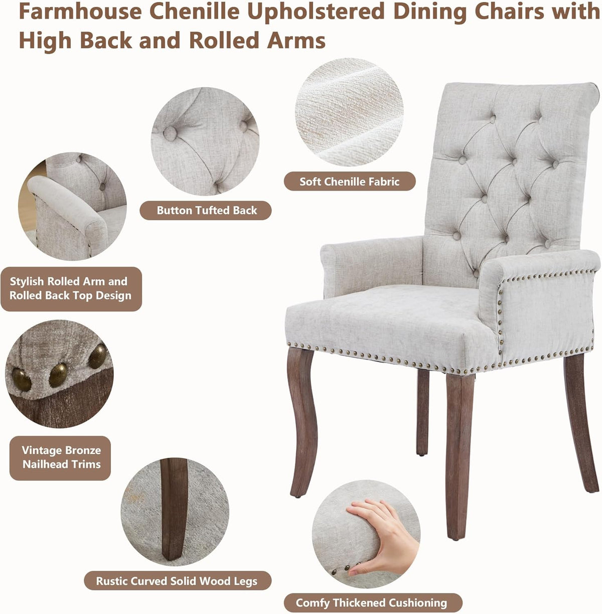 mikibama Chenille Upholstered Dining Chairs with High Back,Vintage Tufted Kitchen Chairs with Rolled Arms,Farmhouse Fabric Accent Side Chair with Arms for Living Room,Single Pack (1, Beige)