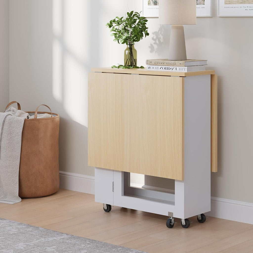 LotFun Folding Dining Table, Space-Saving Dining Table with 6 Rolling Wheels and 2-Tier Storage Shelf, Kitchen Table for Small Spaces