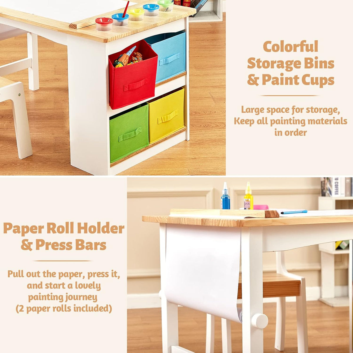 FUNLIO Wooden Kids Art Table & 2 Chairs Set, Kids Craft Table with Large Storage & Paper Rolls for Ages 3-8, Toddler Drawing Table Solid Wood, Easy to Assemble/Clean, CPC & CE Certified
