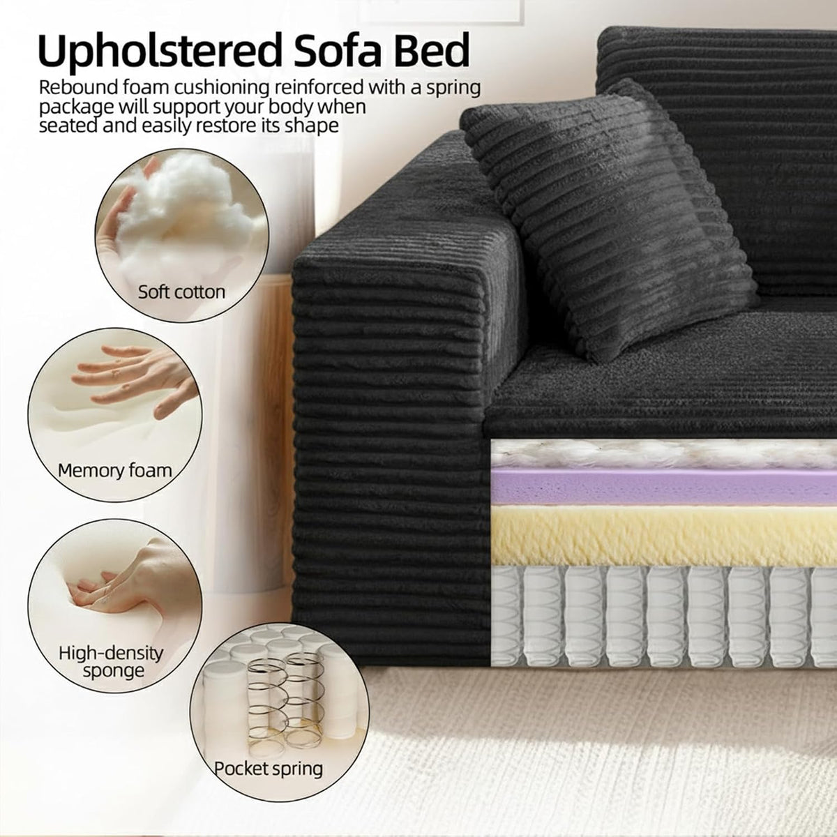 3-Seater Deep-Seat Corduroy Lounge Sleeper Sofa - No Assembly, Frameless Foam Cloud Couch for Living Room, Bedroom, Apartment, Dorm, Office
