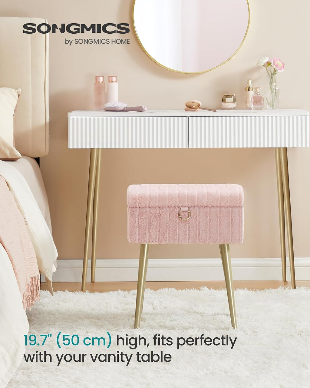 SONGMICS Vanity Stool Chair with Storage, Metal Legs, Max. Load 440 lb | Makeup Stool, Footrest Footstool Ottoman, for Living Room, Bedroom, Makeup Room, Pink, GLAMOR Collection ULOM505SZ02