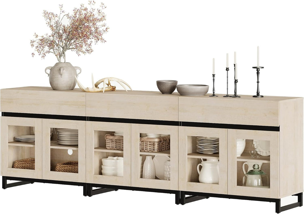WAMPAT Sideboard Buffet Cabinets, Modern Credenza Sideboard with Adjustable Shelf and Metal Base, Coffee Bar Cabinet Accent Storage Cabinet for Living Room, Kitchen, Beige-B,3 Pcs