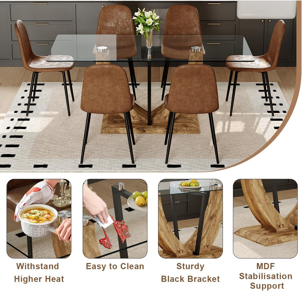 71" Glass Dining Table Set for 6, 7 Piece Dining Table Set,Tempered Glass Table Top with U-Shaped Legs and Fabric Dining Chairs,Ideal for Kitchens, Living Rooms (Brown Chair, 1 Table+6 Chairs)