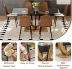 71" Glass Dining Table Set for 6, 7 Piece Dining Table Set,Tempered Glass Table Top with U-Shaped Legs and Fabric Dining Chairs,Ideal for Kitchens, Living Rooms (Brown Chair, 1 Table+6 Chairs)