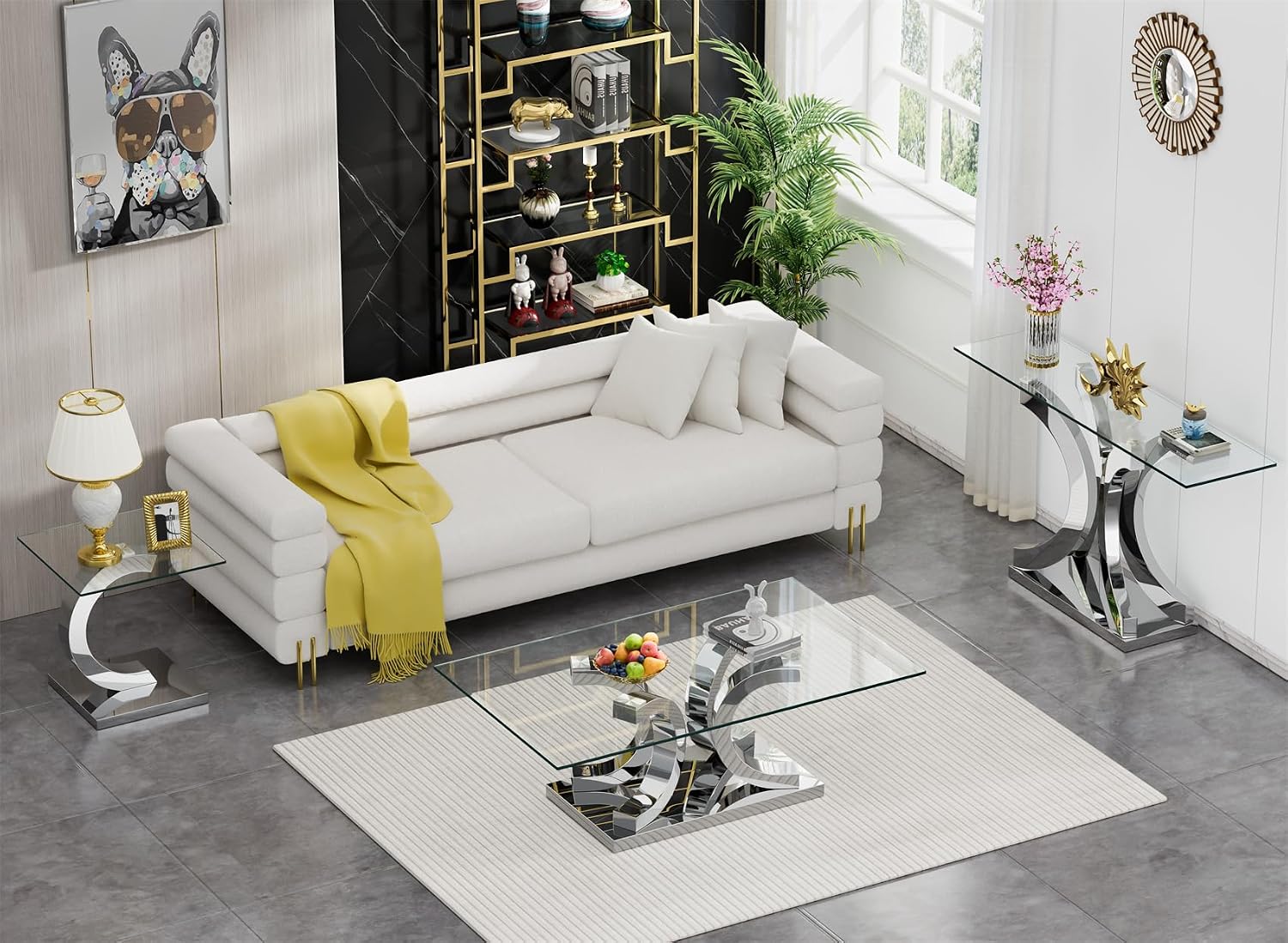 Modern Glass End Table Small Silver Side Table with Gorgeous Stainless Steel Base Square Glass Nightstand End Table Small Bedside Table Couch Sofa Table for Living Room Bedroom