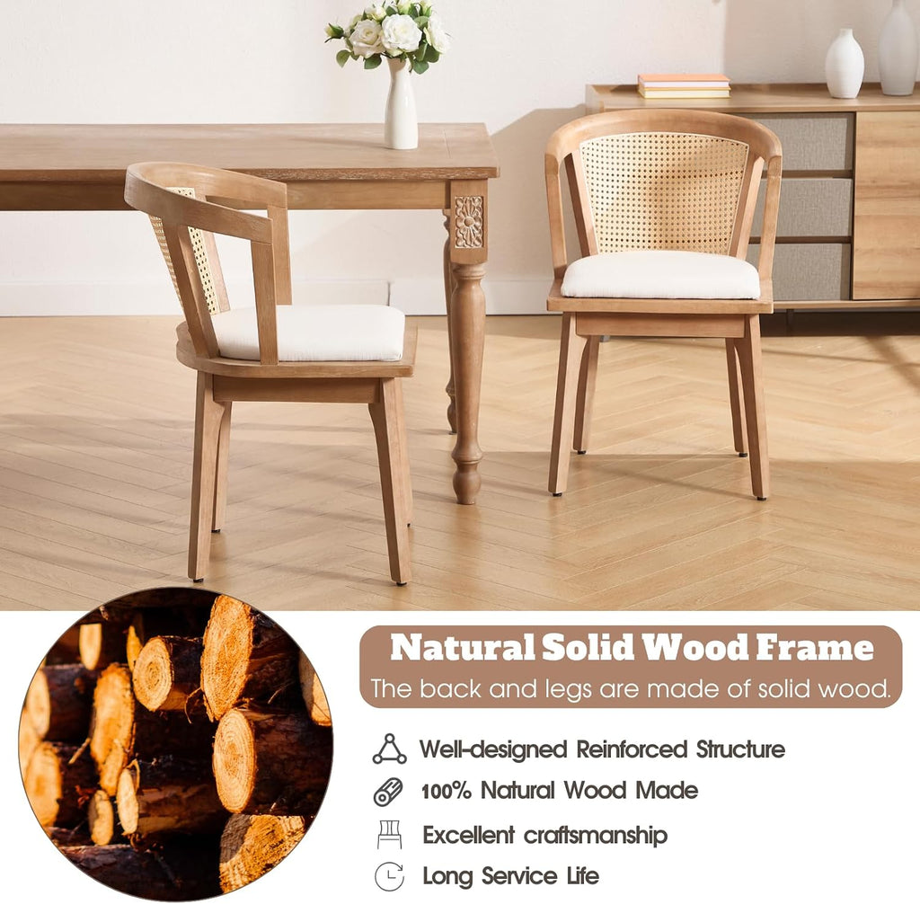 CIMOTA Mid-Century Modern Rattan Wood Dining Chairs Set of 8, Farmhouse Kitchen Chairs with Barrel Cane Backrest/Upholstered Seat/Natural Oak Finish for Dining Room/Cafe/Bistro, Linen Beige