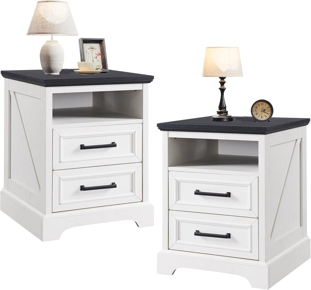 ACCOHOHO 18" Farmhouse Nightstand Set of 2 with Charging Station,End Table with 2 Drawers Storage,Side Table,Bedside Cabinet for Bedroom,Living Room, Antique White