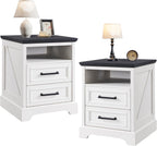 ACCOHOHO 18" Farmhouse Nightstand Set of 2 with Charging Station,End Table with 2 Drawers Storage,Side Table,Bedside Cabinet for Bedroom,Living Room, Antique White
