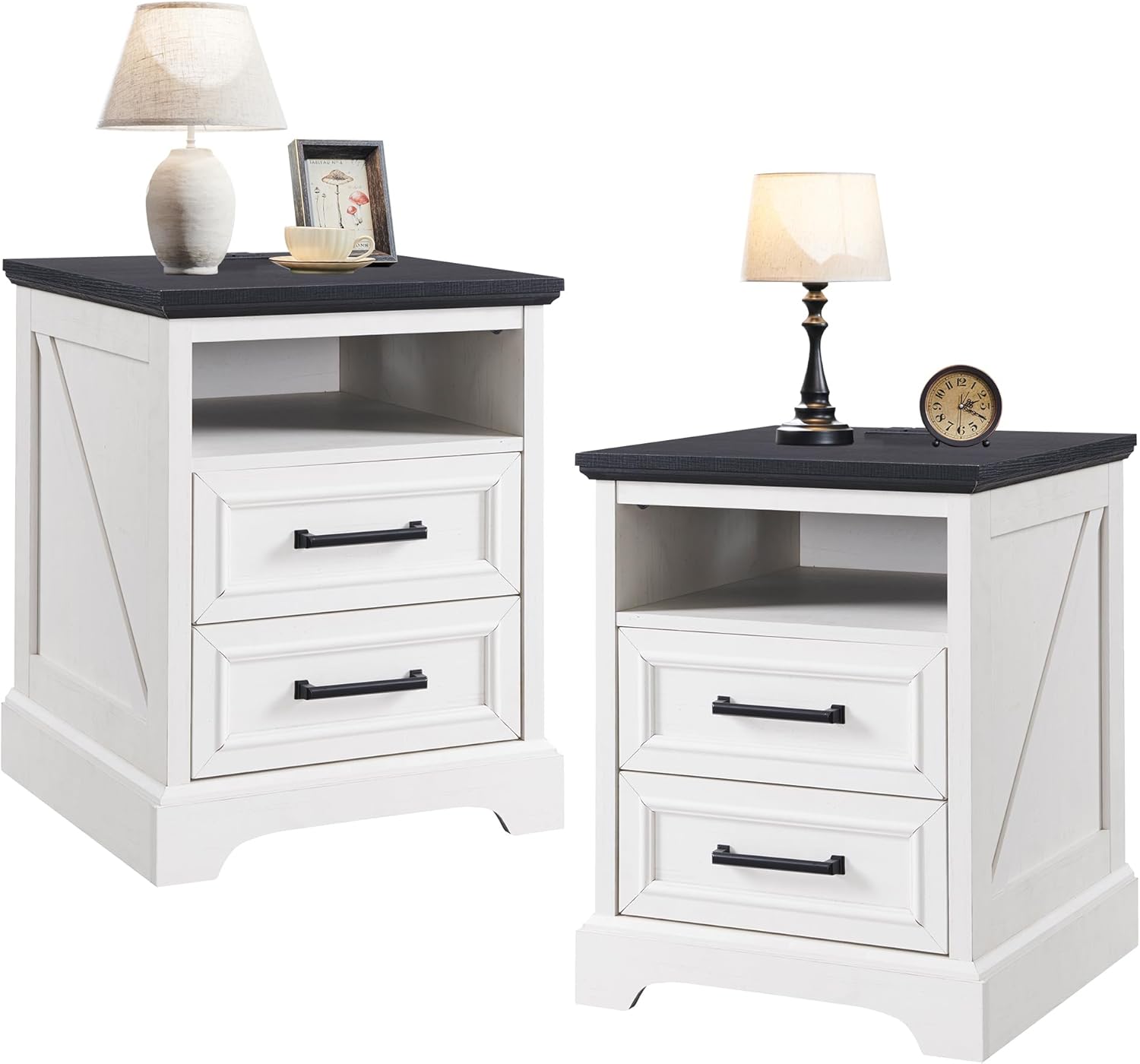 ACCOHOHO 18" Farmhouse Nightstand Set of 2 with Charging Station,End Table with 2 Drawers Storage,Side Table,Bedside Cabinet for Bedroom,Living Room, Antique White