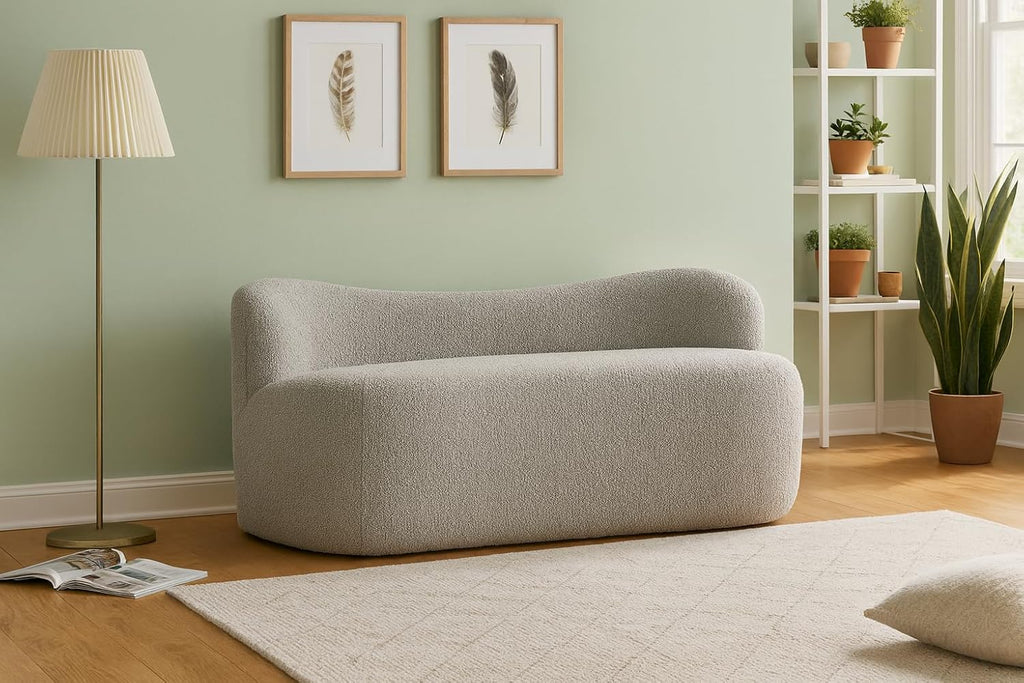 Meridian Furniture 119Grey Flair Collection Modern | Contemporary Boucle Fabric Upholstered Bench with Curved Back Design, Grey, 62" W x 23" D x 24" H
