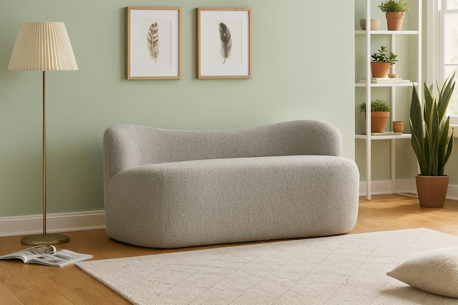 Meridian Furniture 119Grey Flair Collection Modern | Contemporary Boucle Fabric Upholstered Bench with Curved Back Design, Grey, 62" W x 23" D x 24" H