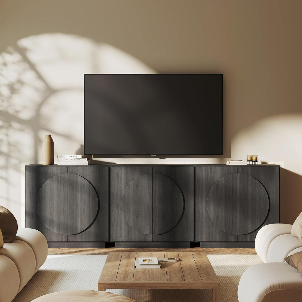 BELLEZE Modular Buffet Cabinet with Storage,Mid Century Modern Arched Sideboard with Adjustable Shelf & Symmetrical Doors,Credenza for Entryway Living Room, Set of 3 (Espresso Black)