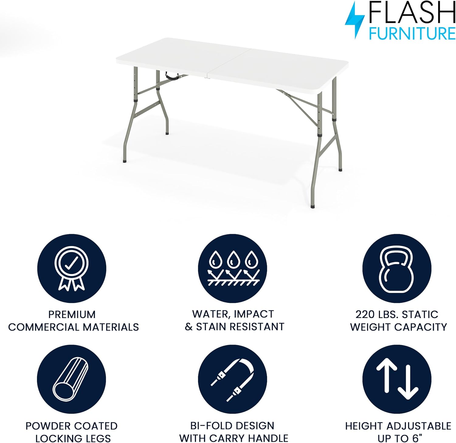 Flash Furniture 5 ft Plastic Bi-Fold Table, Granite White | Height Adjustable, Carrying Handle, Durable Construction, Commercial Use