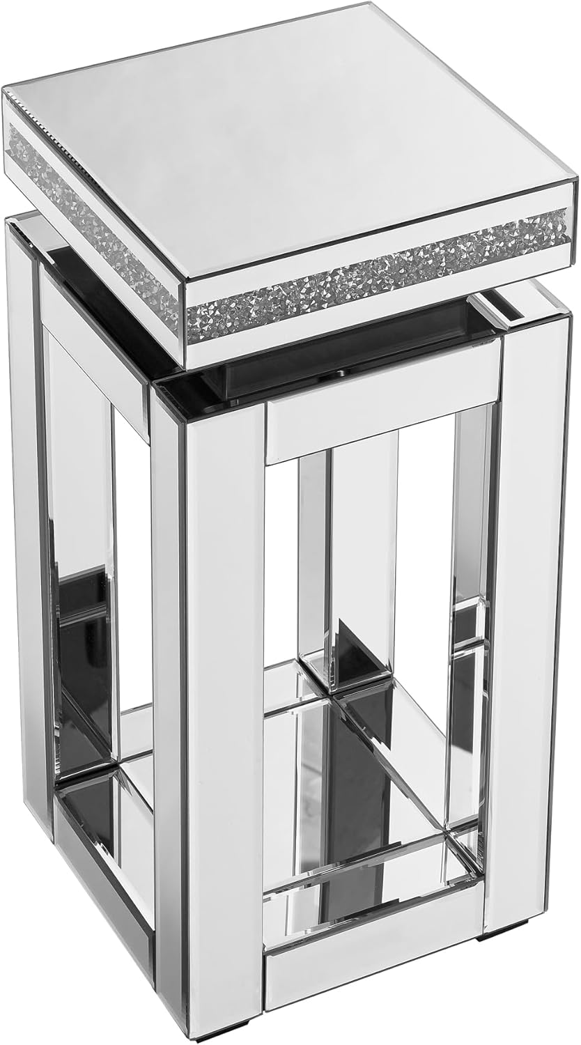 Mirrored End Table Modern 2 Layer 11.8inch Glass Sofa Side Table with Crystal Inlay Square Glass Top, for Living Room, Bedroom and Small Spaces, Silver (1, Square)