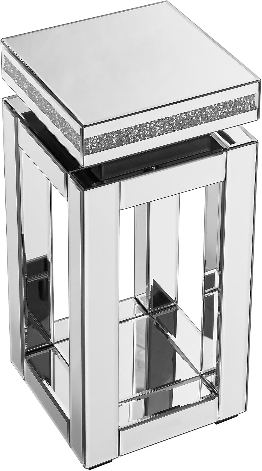 Silver Mirrored Side Table with Crystal Inlay for Small Spaces, Luxury Modern Small Mirrored Bedside Table Nightstand End Table for Living Room Bedroom Home Office (C)