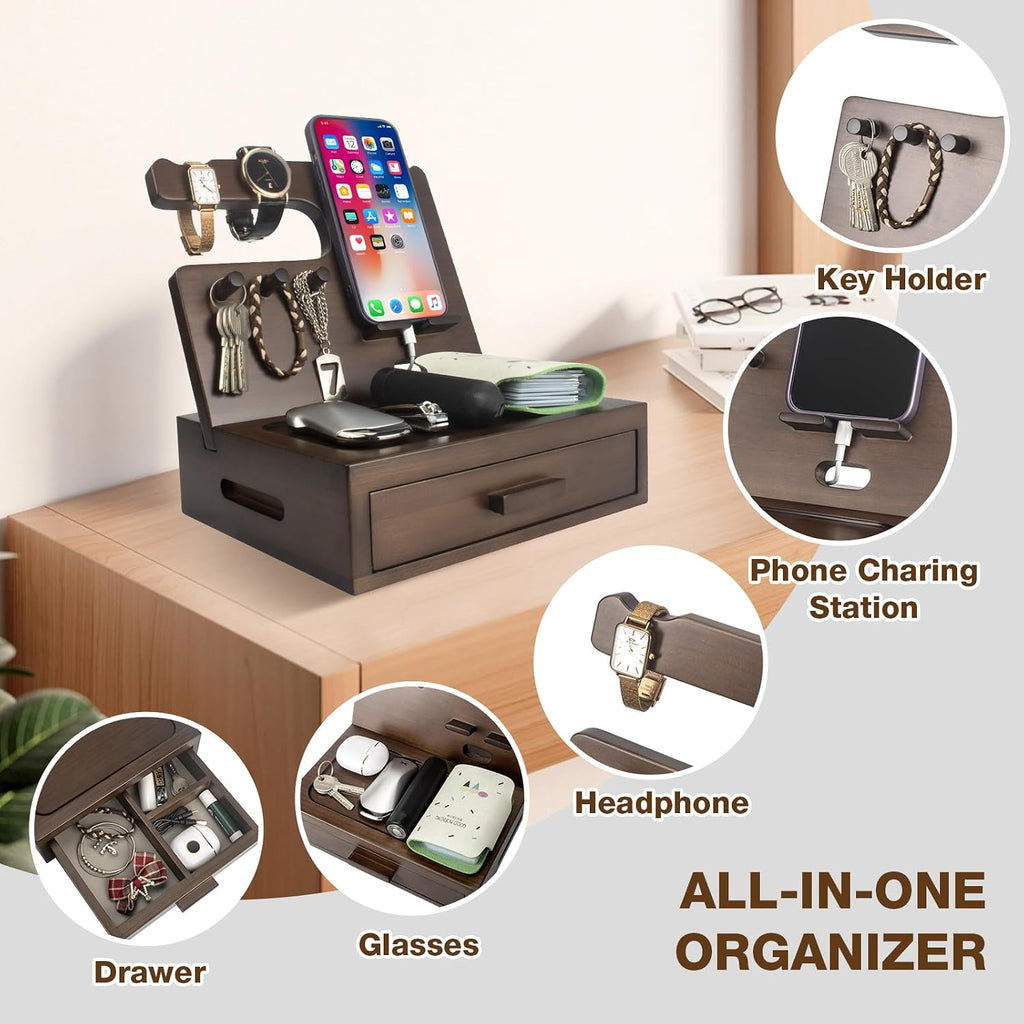 Solid Wood Nightstand Organizer, Docking Station, Gifts for Men, Made of Cedar, Versatile Bedside Table Organizer for Cellphone, Watch, Headphone, Keys, Dark Walnut