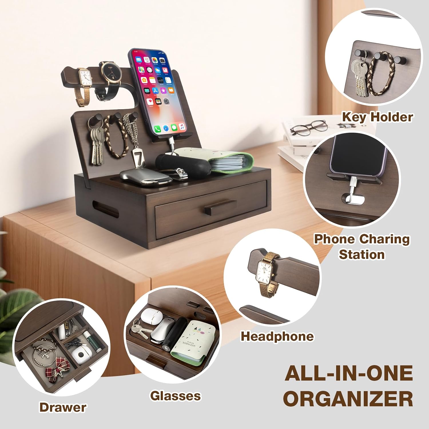 Solid Wood Nightstand Organizer, Docking Station, Gifts for Men, Made of Cedar, Versatile Bedside Table Organizer for Cellphone, Watch, Headphone, Keys, Dark Walnut