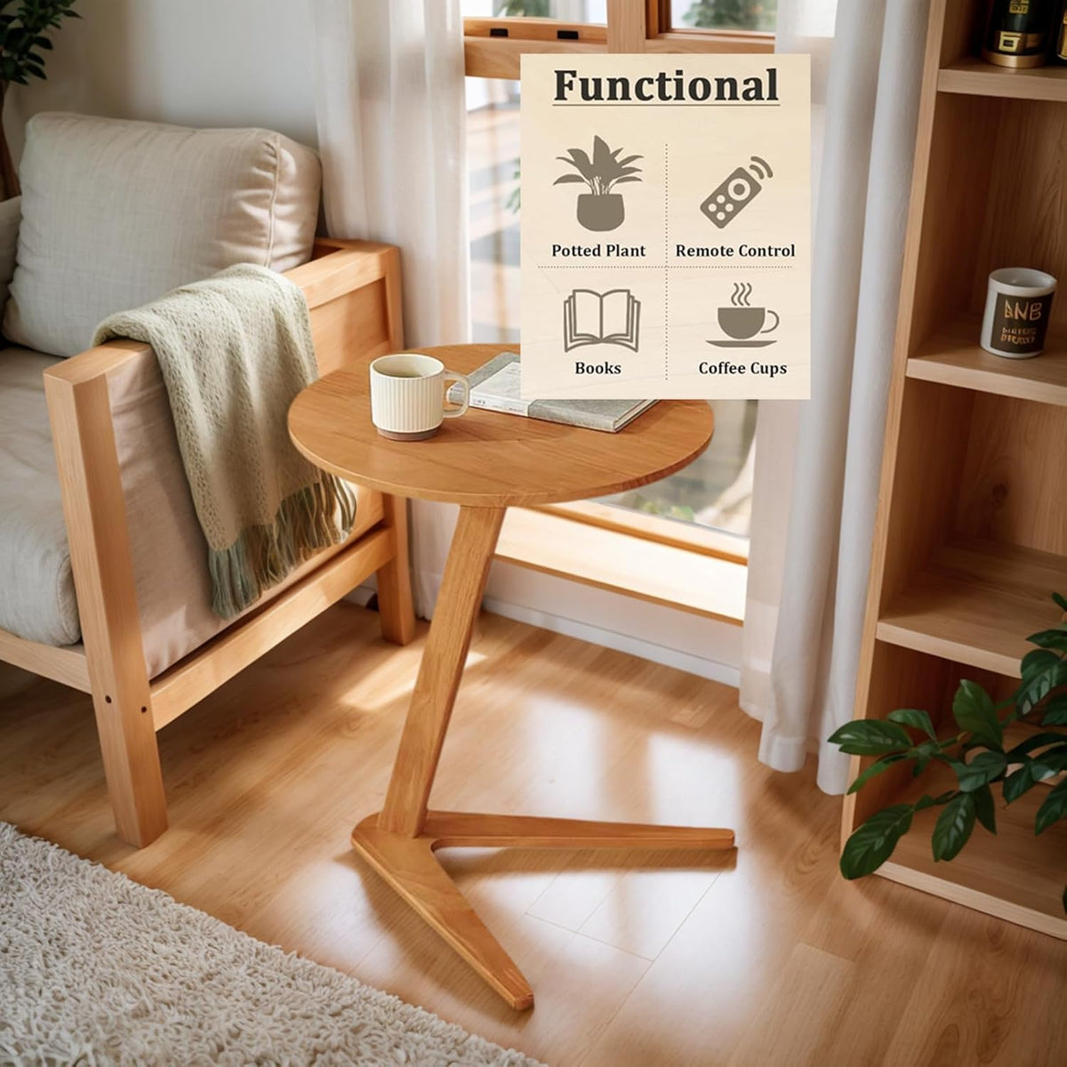 YUNMUARY-C-Shaped Side Table Round Side Tables for Couch Space-Saving Sofa Table Slide Under Couch for TV Dinner Laptop Side Over Solid Wood End Table for Living Room Modern Nightstand (Light Brown)