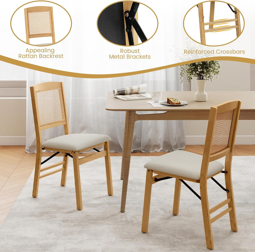 KOTEK Folding Dining Chairs Set of 2, Wooden Kitchen Chairs with Padded Seat & Rattan Backrest, Foldable Armless Side Chairs for Dining Room, Living Room (Natural & Beige)