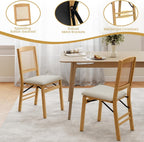 KOTEK Folding Dining Chairs Set of 2, Wooden Kitchen Chairs with Padded Seat & Rattan Backrest, Foldable Armless Side Chairs for Dining Room, Living Room (Natural & Beige)