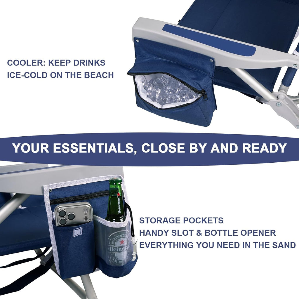 Beach Chair with Umbrella and Canopy Shade, Aluminum Backpack Beach Chairs for Adults, Adjustable Sun Shade, 5 Position Lay Flat, Cooler Bag, Cup Holder, Towel Bar, Navy Blue