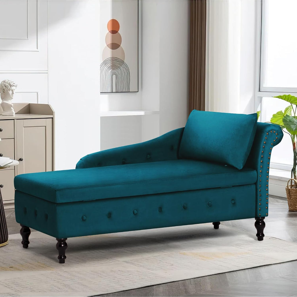 Velvet Chaise Lounge w/Right Armrest & Storage Space, Teal | Button Tufted Lounge Sofa w/Lumbar Pillow, Lounge Chair Indoor, Upholstered Chair for Bedroom, Living Room,Office