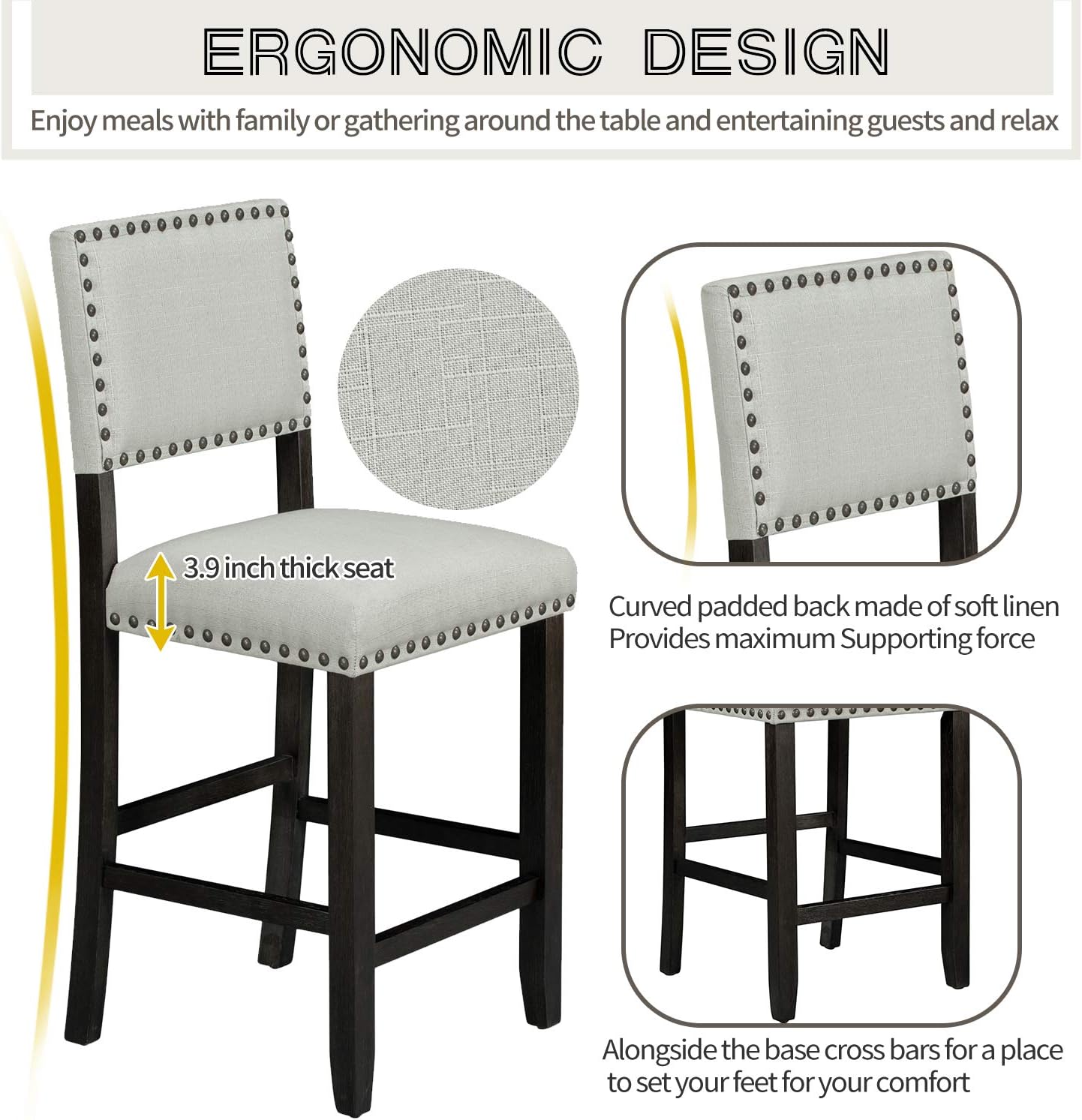 Merax 5 Pieces Counter Height Dining Set, Elegant Wooden Desk and 4 Upholstered Chairs, Perfect for Kitchen, Breakfast Nook, Bar, Living Room