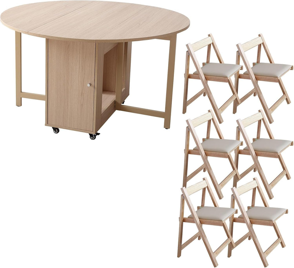 COMUHOME Wood Round Folding Dining Table with 6 Chairs, 47.3" Folding Table and Chairs with Storage Shelf Metal Legs for Home Dining Room Living Room, Space Saving Foldable Dining Table with 6 Chairs