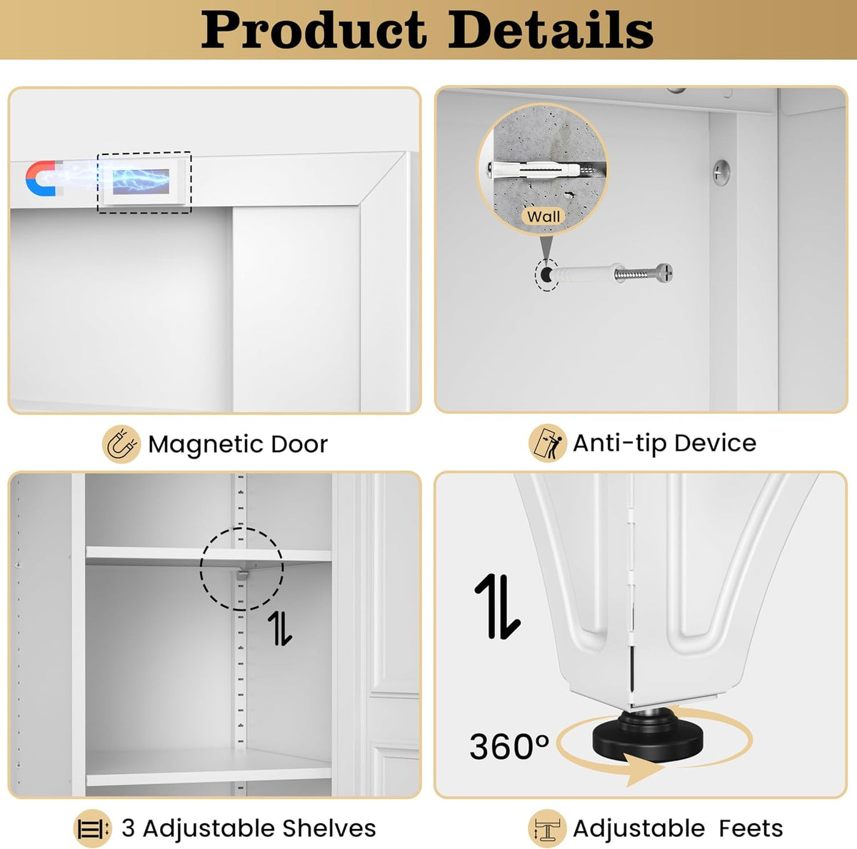 71" Metal Storage Cabinet with Hanging Rod, Tall White Wardrobe Closet with 3 Adjustable Shelves, Heavy Duty Steel Office Armoire, Modern Minimalist Design for Bedroom, Laundry Room